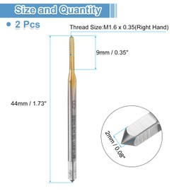sourcing map 2pcs Straight Flute Thread Tap, M1.6 x 0.35 Metric Titanium Coated Screw Threading Tapping Tool Thread Milling Machine Taps, High-Speed Steel 6542 (HSS 6542)