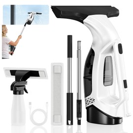 Window Vacuum Squeegee Cordless with Extendable Pole 31-40", 2000Pa Electric Window Cleaner with 2200mAh and 150ml Dirty Water Tank, Long Handle Shower Squeegee for Glass Door, Windows (White)