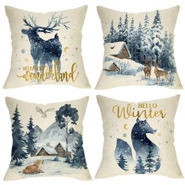 Fjfz Hello Winter Wonderland Reindeer Fox Decorative Throw Pillow Covers 18 x 18 Set of 4, Forest Deer Owl Animal Snow Outdoor Porch Patio Home Decor, Blue Watercolor Tree Mountain Sofa Cushion Case
