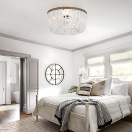 Boho Wood Beads Ceiling Fan with Light & Remote, 18" Coastal Fandelier Ceiling Fan with Light,Flush Mount Caged Ceiling Fan with 6 Speeds, Bohemian Fandelier Chandelier Fan for Bedroom/Kitchen/Nursery