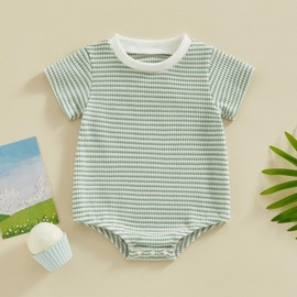 Newborn Baby Boy Girl Summer Clothes Short Sleeve Bubble Romper Stripe Onesie Bodysuit Infant Waffle Outfit (A Green Stripe, 6-12 Months)