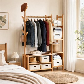 Perchero Multifuncional de Bambú con Doble Barra y Estantes, Closet Armable Organizador de Ropa con Zapatero, para Dormitorio, Entrada o Lavandería,  