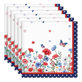 Arquiel 4th of July Independence Day Floral Napkins, 18×18 Inch Dinner Cloth Napkins Set of 6, Washable Cotton Soft Absorbent Square Table Top Decoration for Dining Kitchen Party Wedding