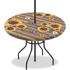 Drnuikhe Sunflower Wood Grain Print Round Tablecloth with Umbrella Hole and Zipper Wipeable Fitted Table Cover with Elastic Edge Waterproof Table Protector for Patio (fit for 45''-56'' table)