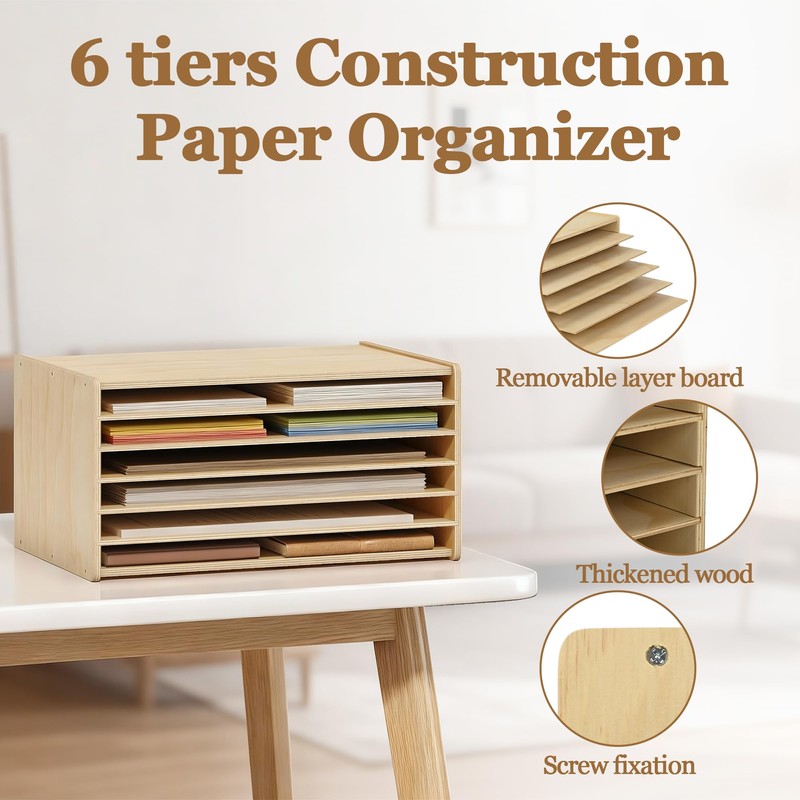Gtouse Wooden Construction Paper Organizer 20" x 13.5", 6 Tier