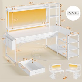 SEDETA 55" White Corner Computer Desk with Storage, L Shaped Desk with Fabric Drawers and Hutch, Reversible L Shaped Gaming Desk with Power Strip & LED Lights, Monitor Stand, Headphone Hook, White