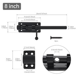 HOJLKLD Sliding Bolt Gate Latch, 8 Inch 304 Stainless Steel Barrel Bolt Latch with 10 mm Padlock Hole, 14 mm Bolt Heavy Duty Black Door Latch Lock