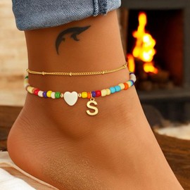 Eaciy Colorful Initial Ankle Bracelets for Women - 14K Gold Plated Layered Heart Initial Anklets Bracelet Dainty A - Z Letter Ankle Bracelet Colorful Layered Anklet Bracelet for Women, 8+2, Brass, no