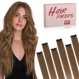 TESS Clip in Hair Extensions Human Hair with Single Clip Lace Weft Straight Highlight Add Volume 6 Pcs 6 Clips, 14 Inch, Chocolate Brown