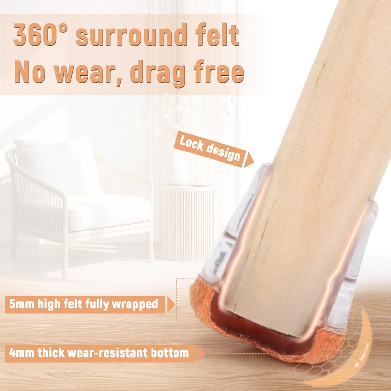Euqvunn Pack of 26 Clear Chair Leg Caps with Felt