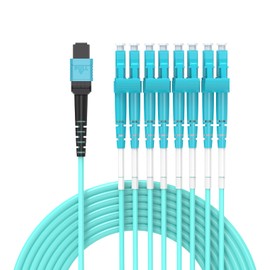 5M MPO/MTP to 8 x LC (4 Duplex) 8 Strands Breakout Cable,QSFP 40GBase-SR4, OM3 Fanout Fiber Optic Cable - Aqua, 5 Meters