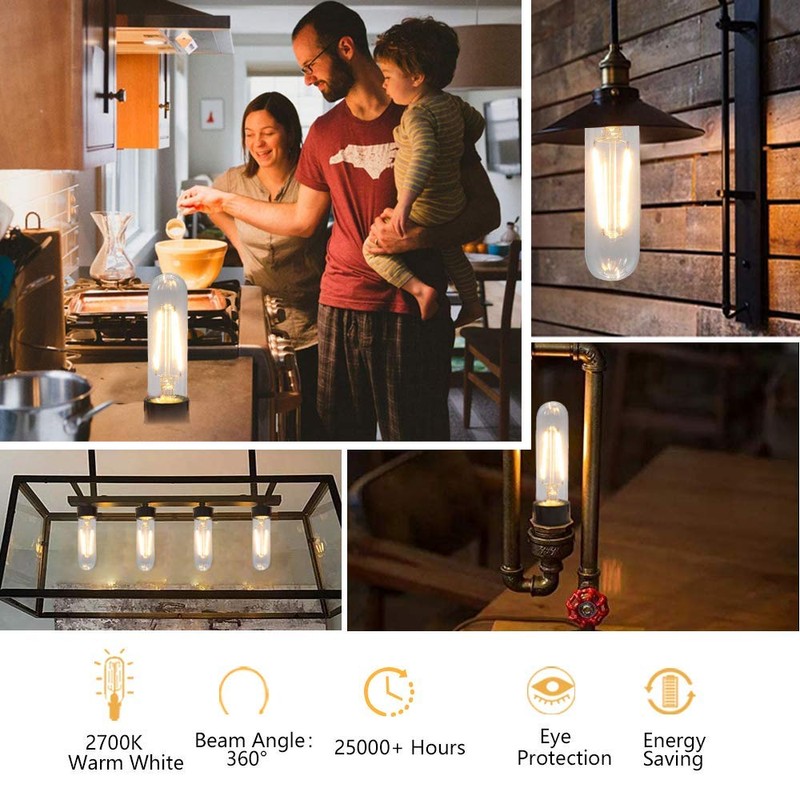 T10 Edison LED Tube Bulbs - Warm White, 2700K, Dimmable