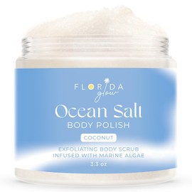 Sea Salt Body Scrub by Florida Suncare - Ocean Salt Body Polish Infused with Marine Algae - Exfoliating Face and Body Scrub - Facial Scrub Exfoliator to Tackle Acne (Coconut, 3.3 oz)