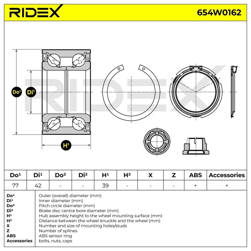 RIDEX Wheel Bearing Kit 654W0162 Front Outer Diameter: 77 mm