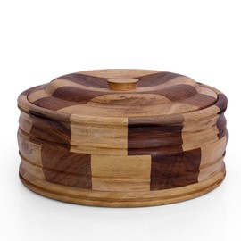 Handcrafted Wooden Mexican Tortilla Warmer Basket Indian Chapati Roti Bread Holder Box Pancake Keeper Serveware Hot Pot Casserole Dish With Lid Home Kitchen Dining Decor, Natural Brown, 9 x 3.5 Inches