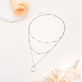 HOOHWE S925 Sterling Silver Multilayer Necklaces Multilayer Necklaces CZ Stone Circle Triple Length Chain Y Clavicle Pendant for Women Jewelry, Sterling Silver, Zircon