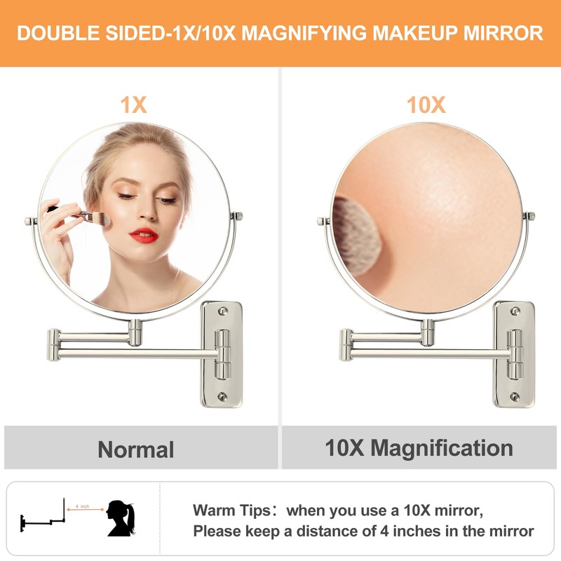 FFowcye 8" Wall Mount Magnifying Mirror, 1X/10X Double-Sided Makeup Mirror