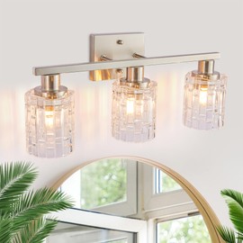 huong son 3 Light Brushed Nickel Bathroom Vanity Light Over Mirror, Modern Vanity Lighting with Crystal Glass Shade, Wall Mount Bathroom Light Fixtures, E26 Base