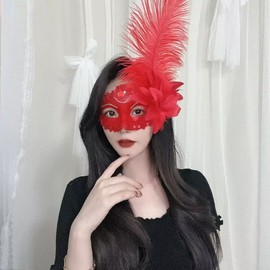 Women's Vintage Half-Face Princess Feather Mask for Masquerade & Halloween Parties Free Size/Ostrich Feather with Dark Red Flower 10ea