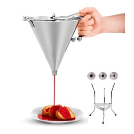 MYOYAY Commercial Stainless Steel Funnel Dispenser, 1800ml Extra Large Capacity Pancake Batter Dispenser with Stand and 3 Nozzles, Great for Pancakes, Cupcakes or Other Baked Goods