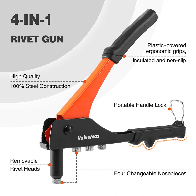 ValueMax 4-in-1 Hand Riveter/Rivet Gun, Pop Rivet Tool Kit with