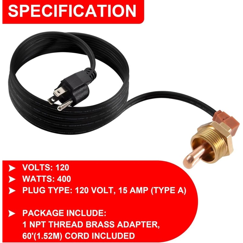 For Zerostart/Temro 1" NPT 400W Block Heater Immersion for Engine