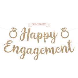 Pre-Strung Happy Enagment Banner - NO DIY - Gold Glitter Wedding Engagement Bridal Shower Banner - Pre-Strung on 10 ft Strands - Just Engaged, Bride to Be, She Said Yes Party Decorations - No DIY