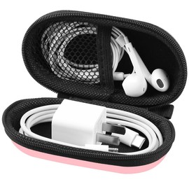 RISETECH Earbud Case Wired Earphone Case Holder EVA Headphone Storage Bag Small Zipper Pouch Compatible for EarPods, AirPods, Beats Flex, Urbeats3, Bose Wireless Earbuds, USB Cable, with Clip-Pink
