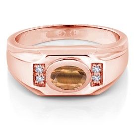 Gem Stone King Men's 18K Rose Gold Plated Silver Brown Tiger Eye and White Created Sapphire Ring (1.41 Cttw, Gemstone Birthstone, Oval 8X6MM, Size 12)