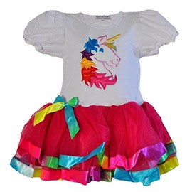 Unicorn Shirt & 3 Layer Tulle Tutu with Ribbon Trim Outfit (Medium, Fuchsia)