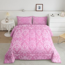 Feelyou Jacquard Bedding Set King Size Floral Comforter Set for Adult Boys & Girls - Boho Damask Duvet Set with Pink Quilt Set (3Pcs)