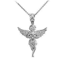 Sideways Crosses Religious Jewelry Praying Angel Pendant Necklace in Textured Sterling Silver, 16"