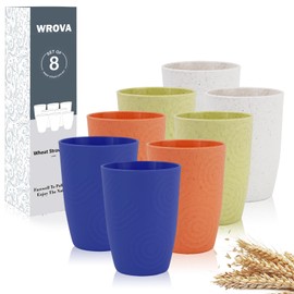 Wrova Wheat Straw Cups 8PCS,12oz Unreabkable Drinking Cups Freezer,Dishwasher and Microwave Safe,Sturdy Plastic Cups Reusable suitable for Kitchen,Camping,Picnic,White-Yellow-Orange-Blue