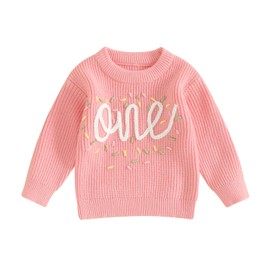 MAHUAOYIXI Baby Girl First Birthday Sweater Casual Long Sleeve Crew Neck Letter Embroidery Ribbed Knit Pullover Sweater Toddler Clothes Knitwear Girls Birthday Gift (Pink, 12-18 Months)