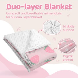 Strawberry Minky Baby Blanket 30 x 40 Inches for Girls, Soft Plush Receiving Blanket with Dotted Back, Gift for Toddler Newborn Infant Christmas Birthday Baby Shower