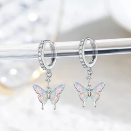 Butterfly Earrings 925 Sterling Silver Opal Butterfly Earrings 5A Cubic Zirconia Butterfly Drop Earrings for Sensitive Ears Butterfly Valentine's Day Birthday Gifts for Women, Sterling Silver, Cubic