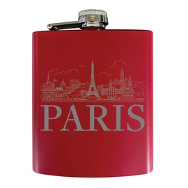 R and R Imports Paris France Engraved Design 2 Souvenir 7 oz Engraved Steel Flask Matte Finish Red Single