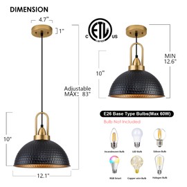 ALAISLYC Black Pendant Lights Kitchen Island Industrial Adjustable Height Vintage Farmhouse Dome Hanging Light Fixtures for Barn, Dining Room 2 Packs