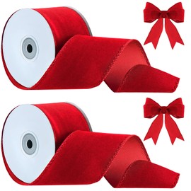 Lyrow 2 Rolls Christmas Velvet Ribbon 2.5 Inches Christmas Velvet Satin Ribbon Vintage Wide Wired Edge Wrapping Ribbon for Christmas Wedding Decorating, Gift Wrapping Bow(Red, 20 Yards)