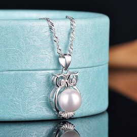 Yumilok Jewelry 925 Sterling Silver Cubic Zirconia Pearl Lovely Owl Pendant Necklace for Women/Girls