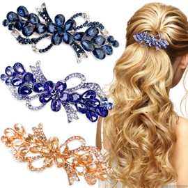 3 PCS Flower Bow Hair Barrettes Rhinestones Hair Slides Vintage Spring Hair Clip Sparkly Crystal Hair Grips Fancy Fashion Ponytail Holders Barrettes Hair Accessories for Women Girls Bridal Wedding