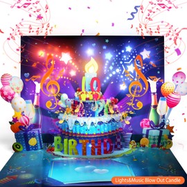 3D Musical Birthday Card with Blowable LED Light Candle, DIY 0-9 Numbers, Happy Birthday Pop Up Cards with Colorful Fireworks Lights, Happy Birthday Song & Exciting Cheering Sound, Impressive Musical