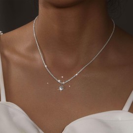 TseenYi Glitter Gypsophila Chain Choker Necklace Silver Sparkling Chain Necklace CZ Diamond Pendant Necklace Shiny Glitter Choker Necklace Bridal Shine Necklace Jewellery for Women and Girls, Zinc