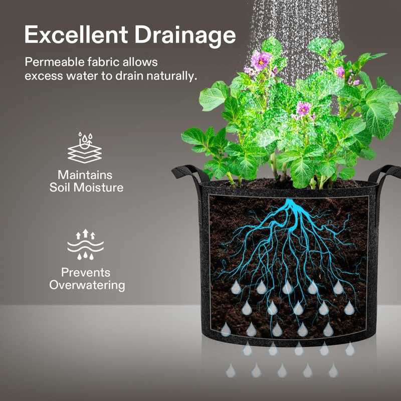 VIVOSUN 5-Pack 5 Gallon Grow Bags Heavy Duty 300G Thickened