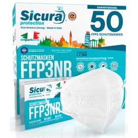 50 x FFP3 Masks, CE Certified, Filter Class BFE ≥99% PFE ≥99% FFP3 Masks, Sanitised and Individually Sealed Respirator Mask, CE, Made in Italy