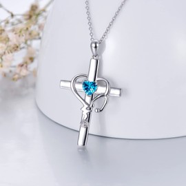 LONAGO Stethoscope Necklace Cross Pendant Silver Nurse Necklace with March Birthstone Gifts for Women