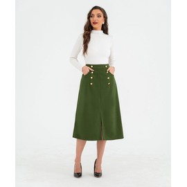 Belle Poque Women's 2024 Fall Winter Skirt Elastic High Waisted A Line Midi Skirts with Pockets(Olive Green,2XL)