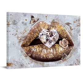 Conipit Lip Canvas Wall Art Beauty Gold Lip Picture Prints Stylish Fashion Painting with Heart Diamond Artwork for Makeup Room Bedroom Salon Wall Decor 24x36 Inch