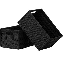 UBBCARE 2 Pack Wicker Basket, 13.4L×8.3H×7.1W inch Woven Paper Rope Storage Baskets for shelves, Foldable Rectangular Storage Baskets with Handle, Storage Basket for Organizing, Black