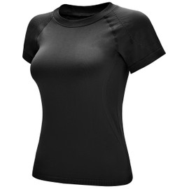 RUNNING GIRL Seamless Workout Shirts for Women Dry-Fit Short Sleeve T-Shirts Crew Neck Stretch Yoga Tops Athletic Shirts Black